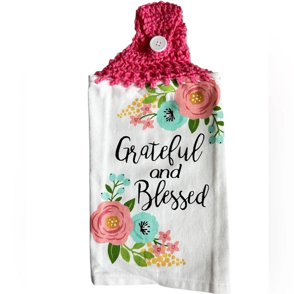 Hand Crafted Floral Hanging Kitchen Hand Towels Colorful Grateful and Blessed